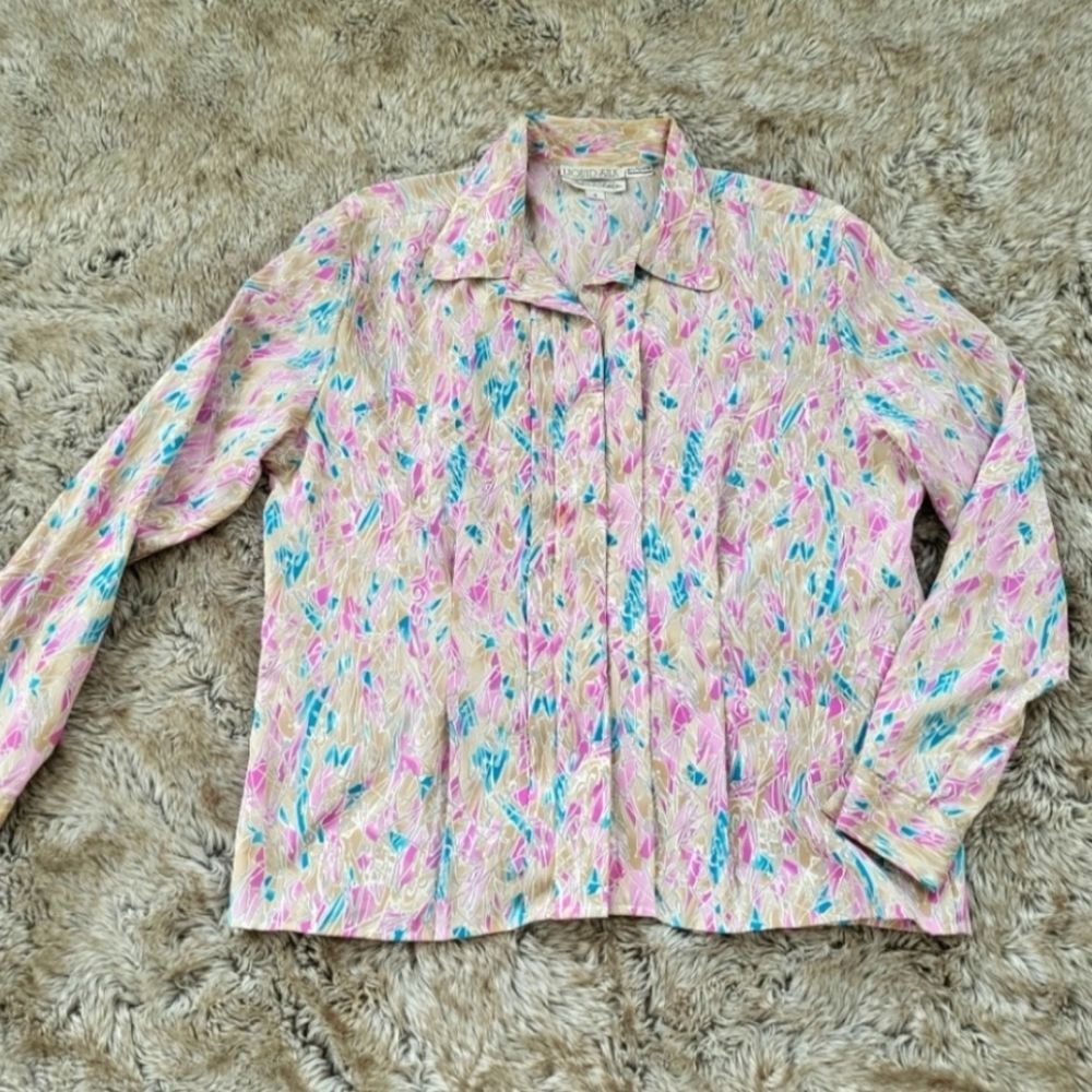 Liquid Silk Peters & Ashley Vintage Pink Blue Yellow Button‎ Down Shirt Size 12